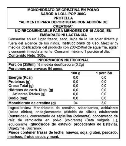 Creatina Monohidratada Protella Sabor Lollipop 300g Creapure