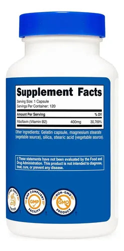 Vitamina B2 Riboflavina 400mg Con 120 Capsulas Nutricost Sabor Sin Sabor