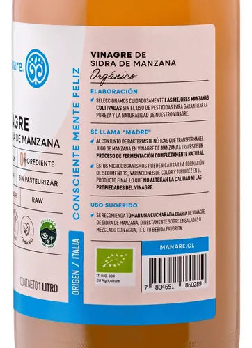 Manare- Vinagres De Manzana Orgánico 1 Lts -pack 2 Unidades