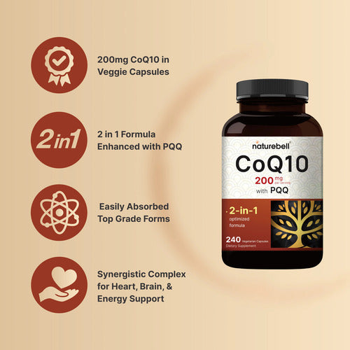 Suplemento Naturebell Coq10 Ubiquinona De 200 Mg Con Pqq 240 Sin Sabor