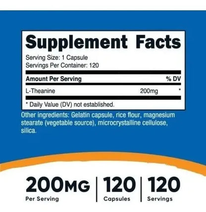 L Teanina 200mg 120 Cápsulas L Theanine Nutricost Nutricost! Sabor Neutro