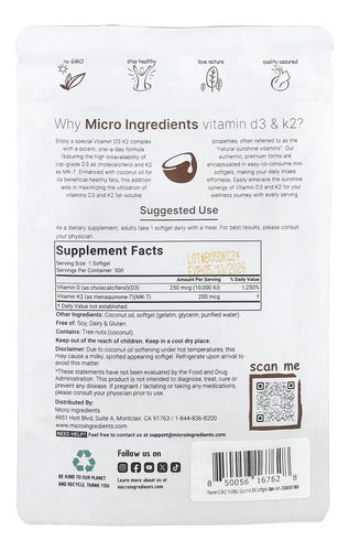 Micro Ingredients - Vitamina D3 & K2 300 Cápsulas N/a