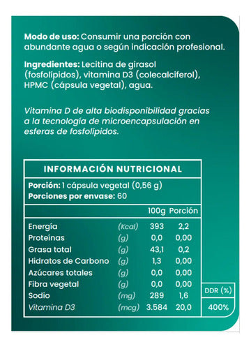 Vitamina D3 Liposomal 800ui 60 Capsulas Vegana Biodisponibilidad Ortomolecular Sin Sabor