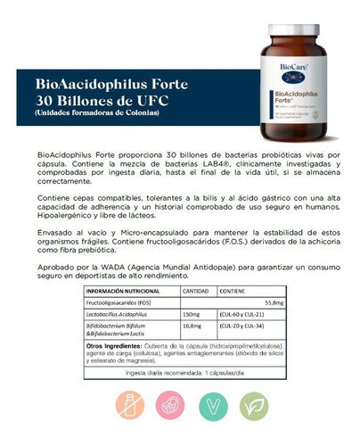 Biocare Bioacidophilus Forte 30 Billones 30 Caps Probiotico Sabor Sin Sabor