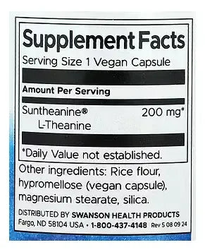 Swanson - Suntheanine L-teanina 200mg 60 Cápsulas Sin Sabor