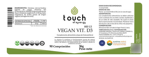 Touch Of Synergy- Vitamina D3 Vegana 800iu 90tabletas