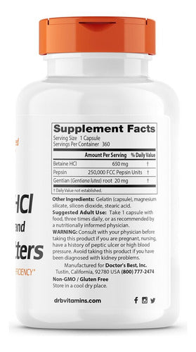 Doctor Best Betaina Hcl Pepsin Gestian Bitters 360 Cápsulas