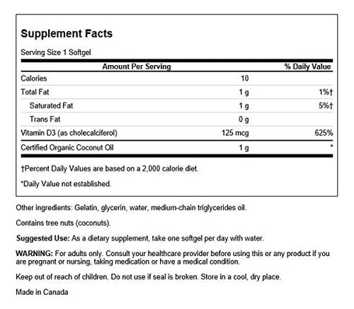 Swanson- D3 5000UI  Con Aceite De Coco  60 Capsulas