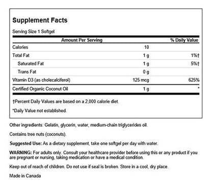 Swanson- D3 5000UI  Con Aceite De Coco  60 Capsulas