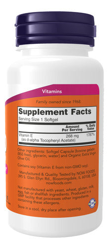 Vitamina E-400 268 Mg De D-alfa Tocoferilo 100 Cápsulas Blandas Now Foods