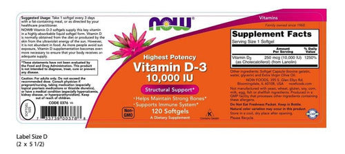 Now Foods Vitamina D3 10000 Iu Alta Potencia Y Biodisponibilidad 120 Caps Blandas Sin Sabor