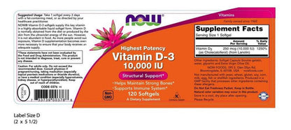Now Foods Vitamina D3 10000 Iu Alta Potencia Y Biodisponibilidad 120 Caps Blandas Sin Sabor