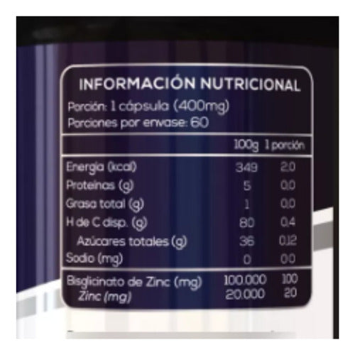 Zinc Bisglicinato 60 Cáp Vegetal Alta Absorción 100% Quelado Sabor Sin Sabor