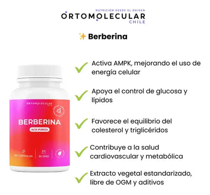 Ortomolecular- Berberina 500mg 60 Capsulas  Equilibrio Metabolico y Bienestar