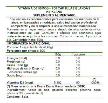Vitamina D3 50mcg 2,000iu Ayuda Corazon Huesos 600 Softgels