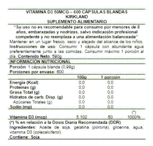 Kirkland- Vitamina D3 2.000 Ui 600 Cápsulas Blandas