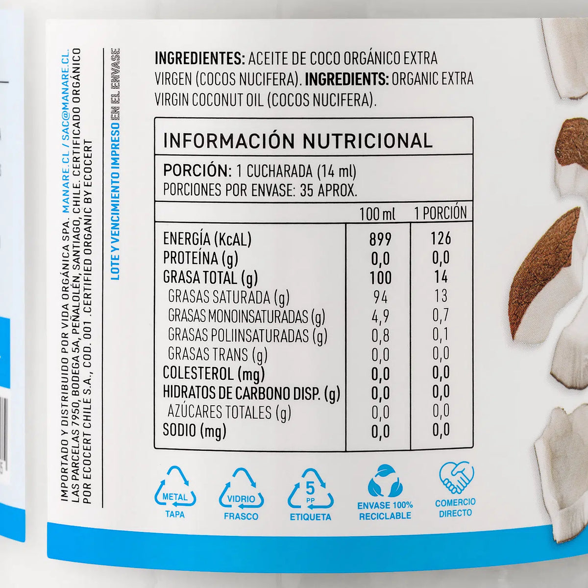 Manare- Aceite De Coco Orgánico  500ml