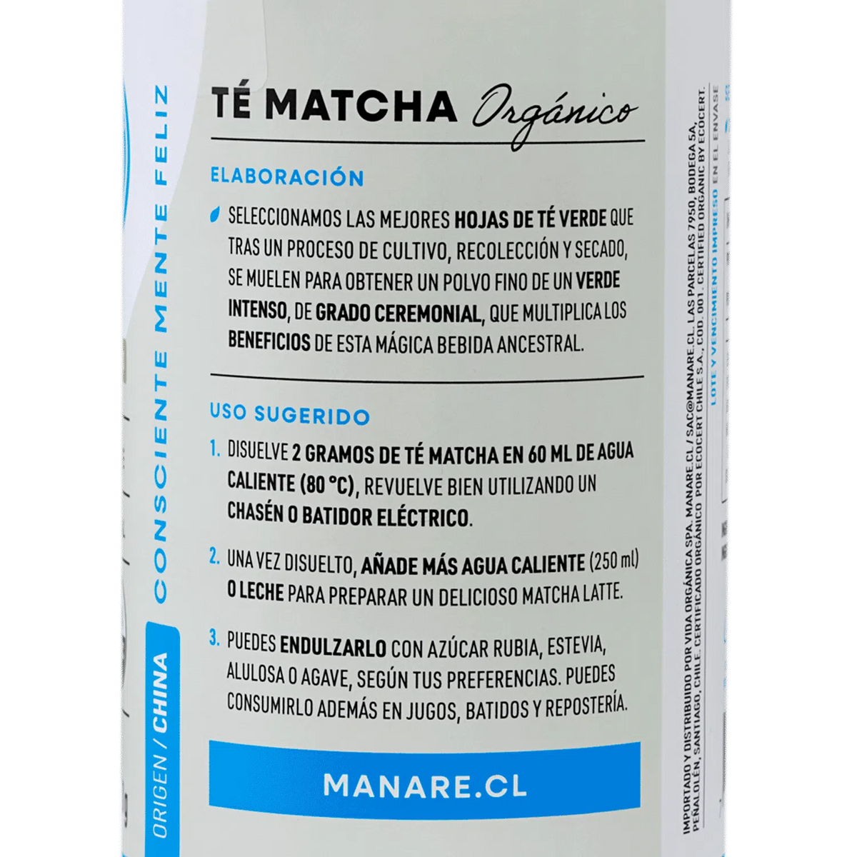Manare- Té Matcha En Polvo Orgánico 50 Gramos