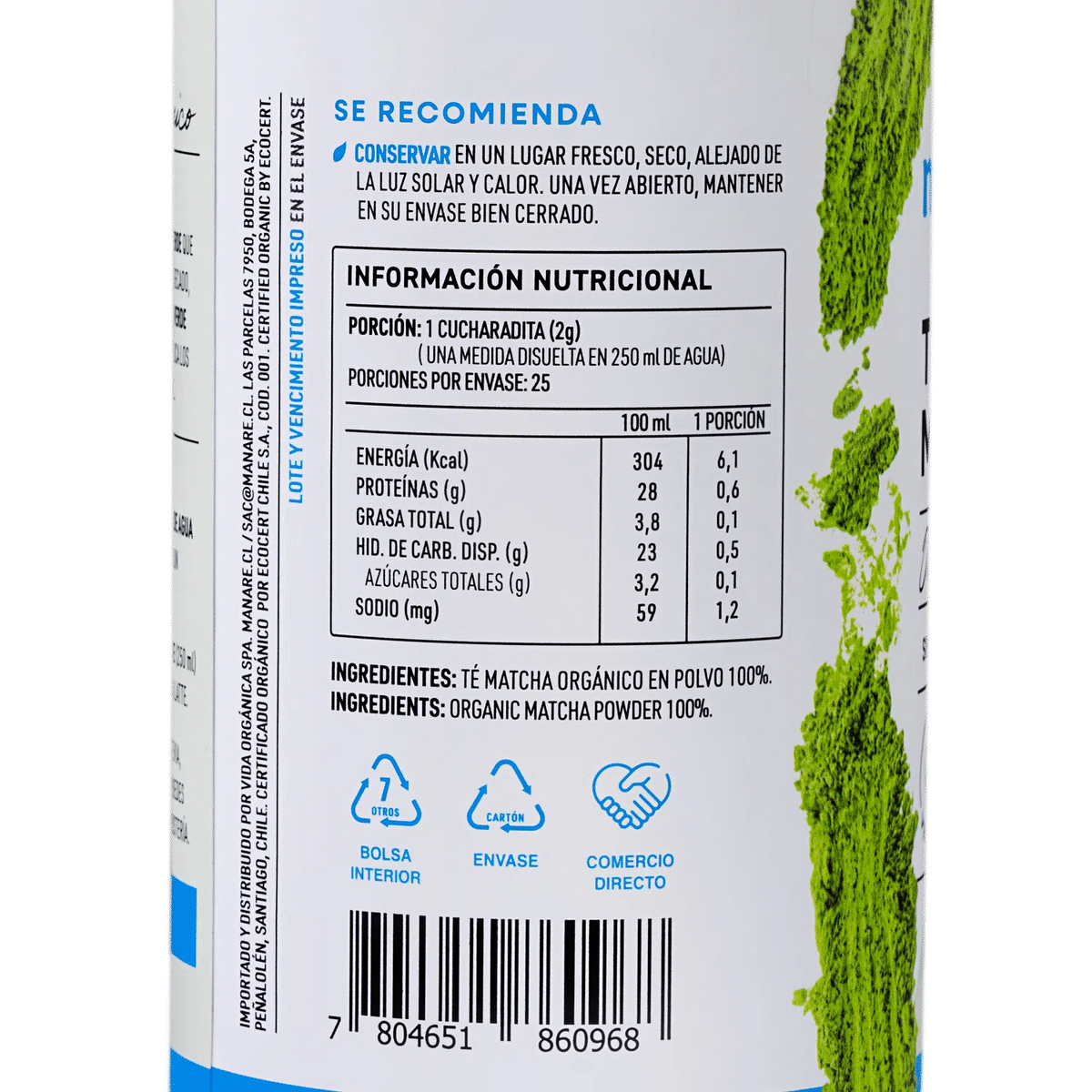 Manare- Té Matcha En Polvo Orgánico 50 Gramos