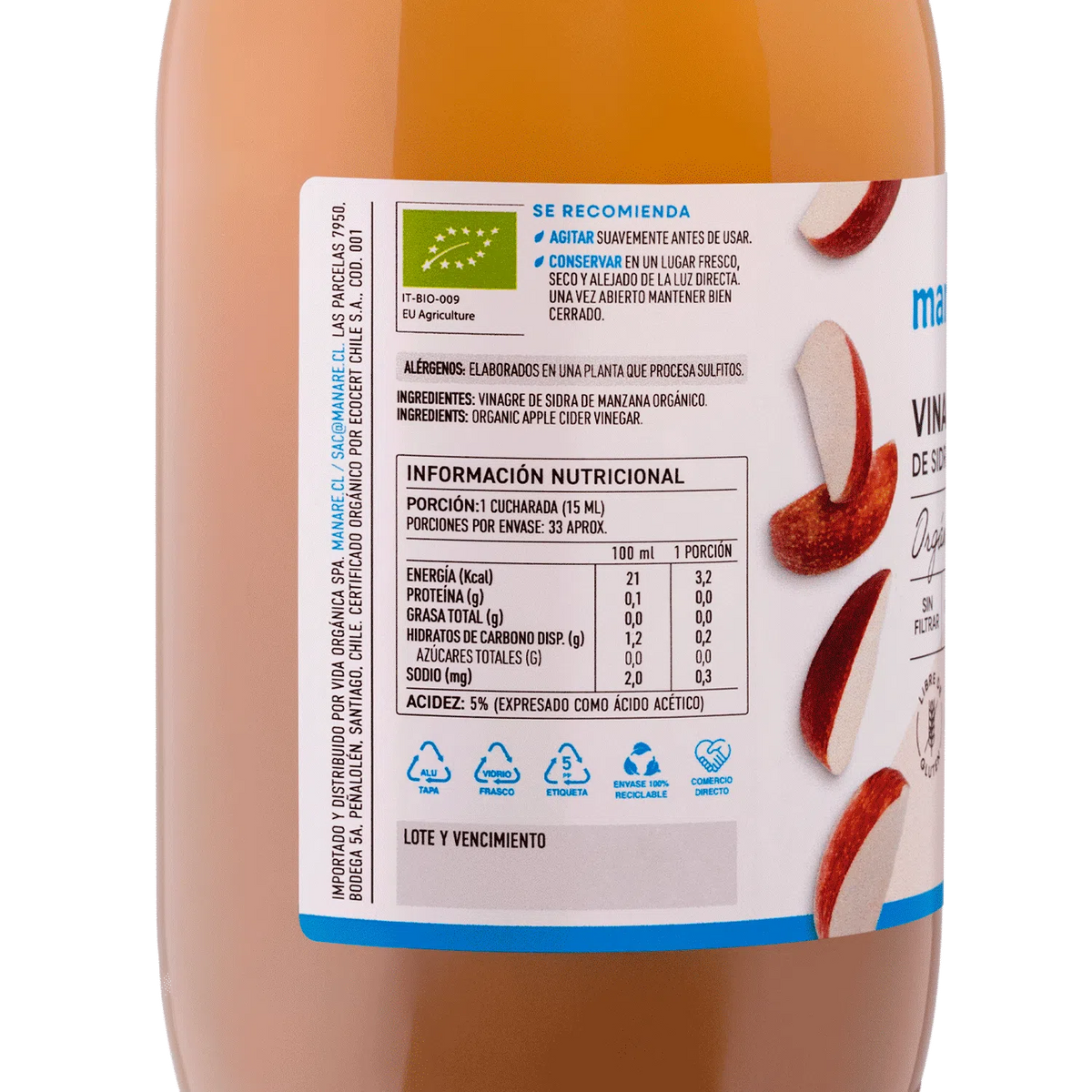 Manare- Vinagre De Manzana Organico 500 Ml