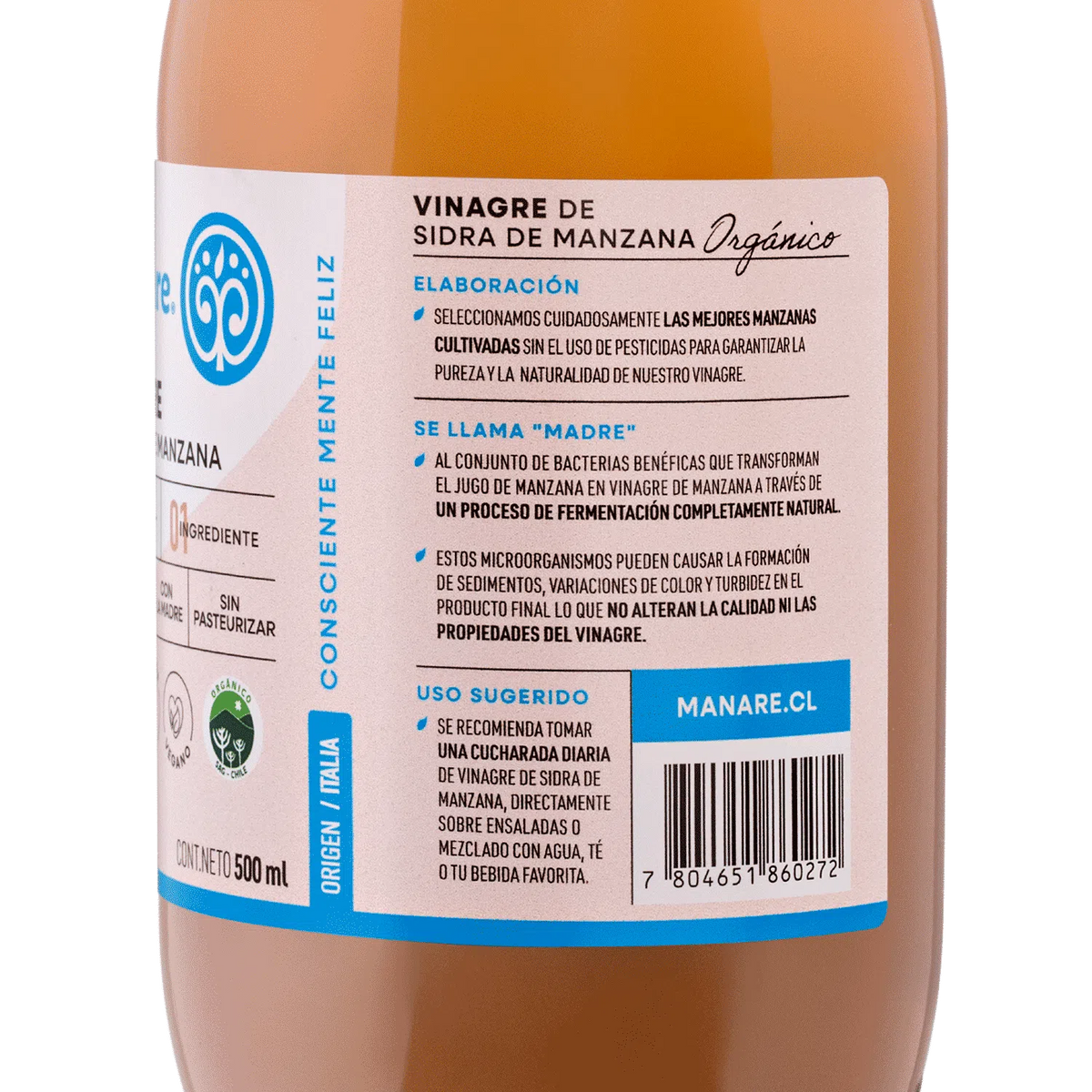 Manare- Vinagre De Manzana Organico 500 Ml